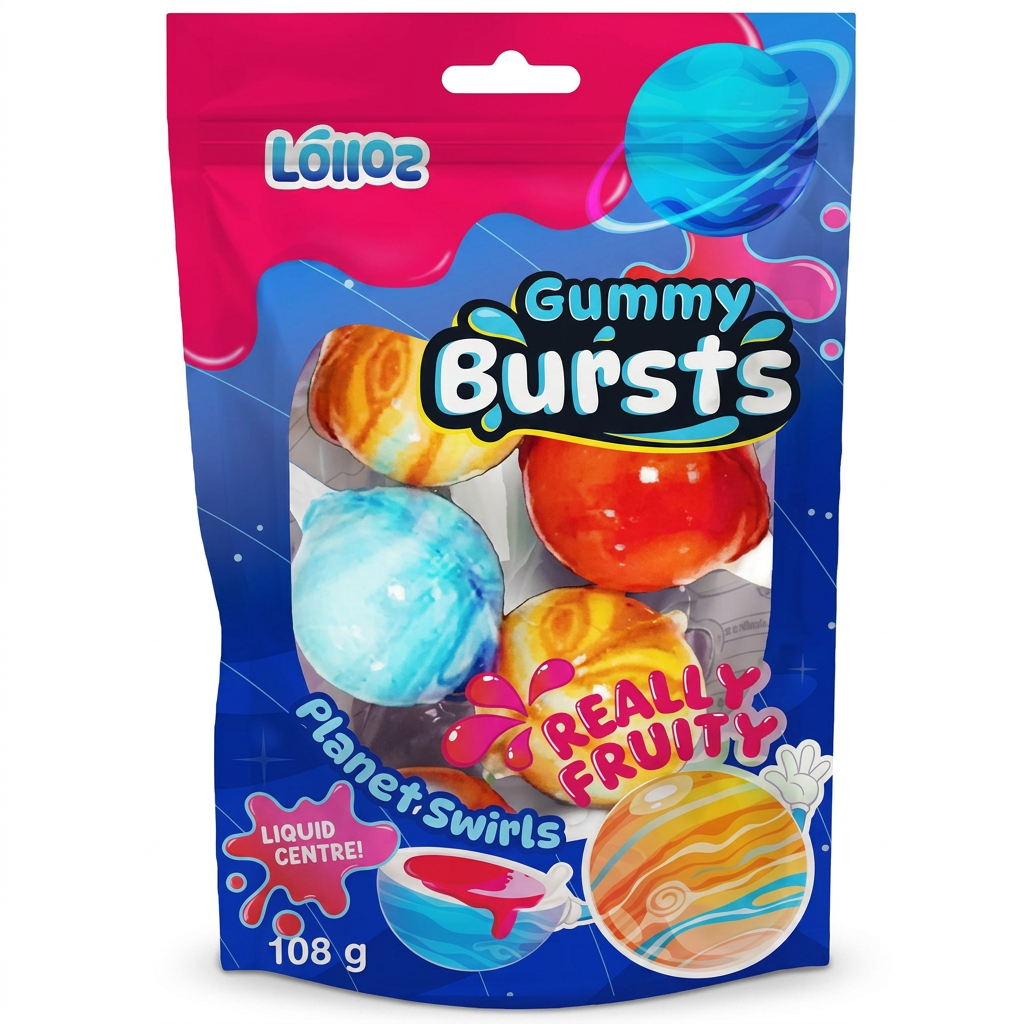 Lolloz Gummy Bursts Really Fruity Planet Swirls 108g Packet